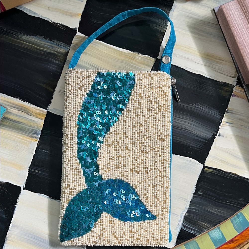 Beaded Mermaid Tail Wristlet Bag - Teal Sequin on Cream